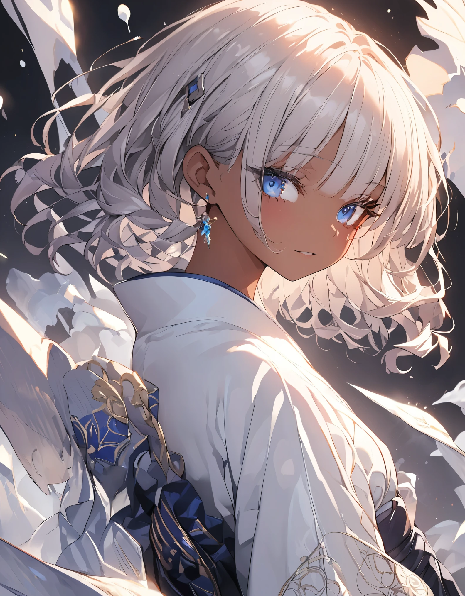 masterpiece, highest quality, Very detailed, High resolution, Japanese anime,A girl in a magic , (Dark Skin:1.2), Silver Hair, (short hair:1.4), (Blunt bangs:1.3), Curly Hair, Wavy Hair, Drill Hair, (eyelash:1.3), (eye shadow:1.3), (Blue eyes:1.5), (Beautiful fine details:1.4), Eyes half closed, Height: 130cm, original character, Fantasy, (Black background:1.2), Beautiful fingers, Are standing, (lace spats:1.5), (black cashewia:1.5) Side Shot