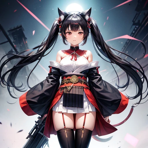 A black-haired woman wearing a shrine maiden outfit with slits in the legs holding a revolver　　Upper body fluttering　Thigh-high boots　Dark blue hair girl, Cat ears and tail, 　Loli body type　　Twin tails　　　　Flat Chest　　Butt details　Have a Gatling gun　Eyes like the sun