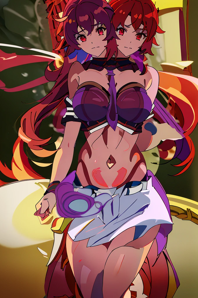 (masterpiece, best quality),best quality, best resolution, (ultra-detailed), (3heads:1.5), 1girl, (raiko horikawa:1.3), masterpiece, best quality, ultra quality, ultra resolution, ultra detail, black top, crop top, ((stomach)), midriff, ((groin)), white skirt, normal ears, shackles, wavy red hair, very long hair, redhead, wavy hair, sidelocks, red eyes, parted lips, open belly, sweat, cute, toned belly, hand on own chest, eyelashes, (25 year old woman:1.3), (masterpiece:1.5), (best quality:1.5), (beautiful detailed), extremely detailed CG, extremely delicate and beautiful, depth of field, (finely detailed face), (perfect details:1.2), (mature female:1.3), wide pelvis, slender, large veiny breast, 16k resolution, highres, very high quality, very high definition, extremely detailed, masterpiece, wavy red hair, long hair, alluring presence, braid, short skirt, close up, big tits, young, purple tie, same hair color, redhead, girl with three heads, same hair color,