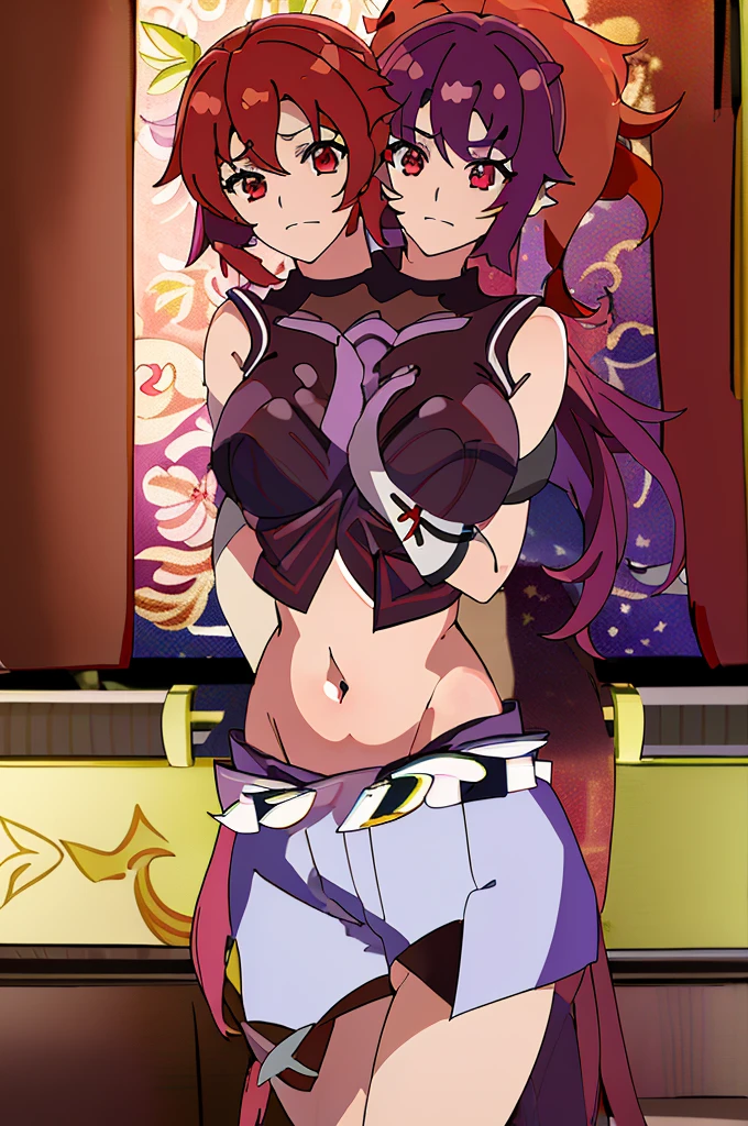 (masterpiece, best quality),best quality, best resolution, (ultra-detailed), (3heads:1.5), 1girl, (raiko horikawa:1.3), masterpiece, best quality, ultra quality, ultra resolution, ultra detail, black top, crop top, ((stomach)), midriff, ((groin)), white skirt, normal ears, shackles, wavy red hair, very long hair, redhead, wavy hair, sidelocks, red eyes, parted lips, open belly, sweat, cute, toned belly, hand on own chest, eyelashes, (25 year old woman:1.3), (masterpiece:1.5), (best quality:1.5), (beautiful detailed), extremely detailed CG, extremely delicate and beautiful, depth of field, (finely detailed face), (perfect details:1.2), (mature female:1.3), wide pelvis, slender, large veiny breast, 16k resolution, highres, very high quality, very high definition, extremely detailed, masterpiece, wavy red hair, long hair, alluring presence, braid, short skirt, close up, big tits, young, purple tie, same hair color, redhead, girl with three heads, same hair color,