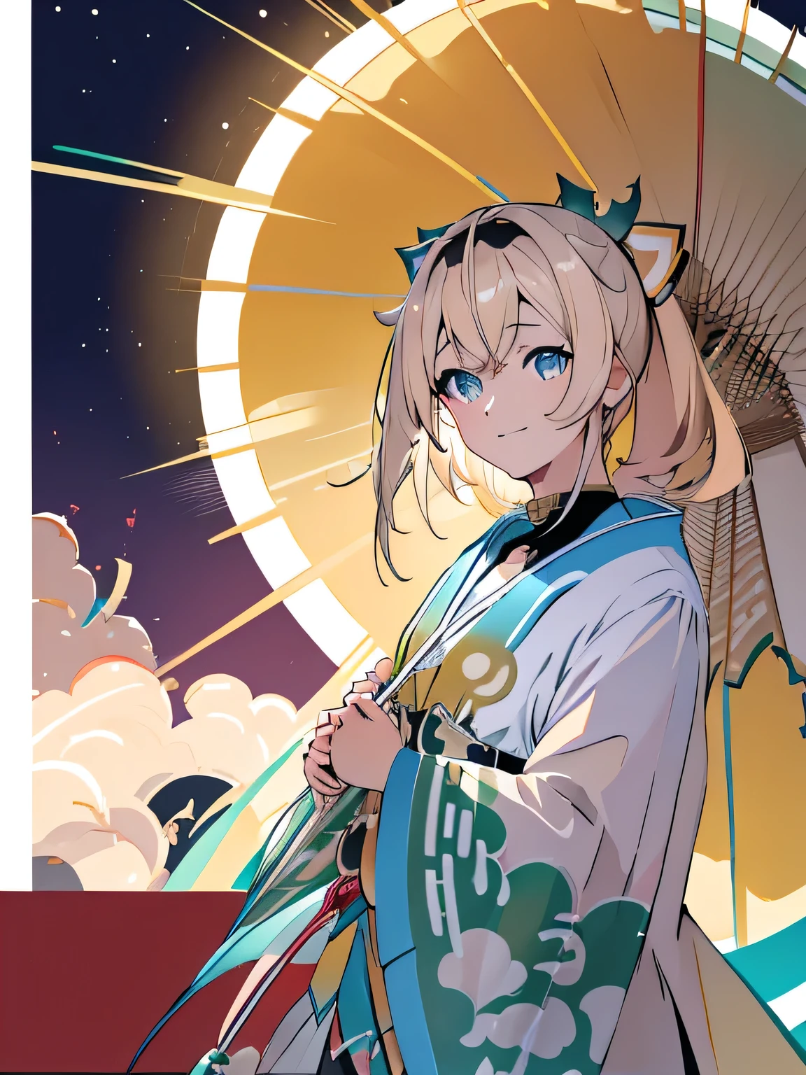 (((Delicate eyes)))、(((zoom)))、smile、Anime Girls,  Cute Anime Girls、、kimono、smile、Fractal Art、Gwys、Japanese Umbrella