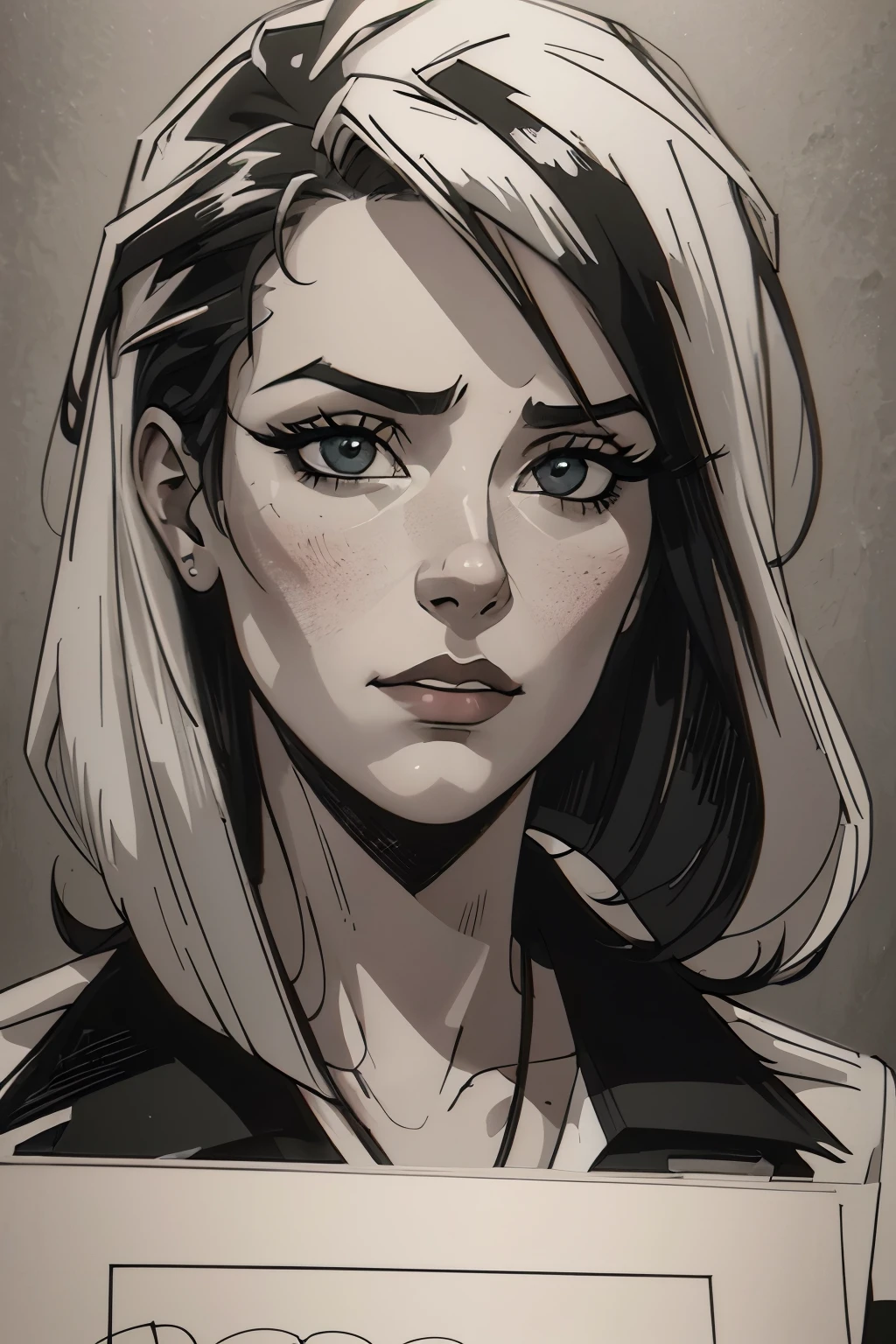 A girl in a mugshot, sketch, black and white, detailed features, vintage style, high contrast lighting, expressive eyes, tousled hair. (best quality, highres, realistic:1.37), vintage, monochrome, intense gaze, dramatic lighting, rugged background, distressed paper texture, retro vibes, id photo, front view