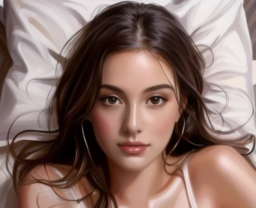 A painting of a woman with long hair lying on a bed covered with a white sheet., photohyperrealistic beautiful face, hyperhyperrealistic beautiful face, Airbrush digital oil painting, realistic drawing of a cute girl, hyperrealistic beautiful face, glossy digital painting, photoRealistic digital drawing, digital art oil painting, Realistic digital drawing, digital art. Realistic picture, # 1 Digital Painting Forever
