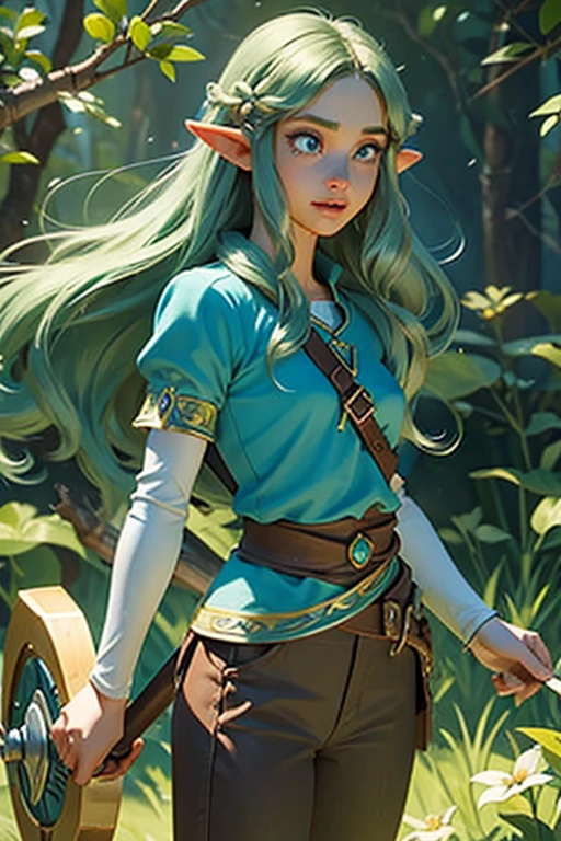 princess zelda, 1 garota, artist request, cinto, cabelo loiro, camisa azul, livro, Botas, inexpressivo, corpo todo, olhos verdes, high resolution, olhando para o espectador, Magia, nintendo, pants, Orelhas pontudas, camisa, cabelo curto, fundo simples, Sozinho, A Lenda de Zelda, A Lenda de Zelda: sopro da natureza, A Lenda de Zelda: Tears of the Kingdom, flor feita de luz, Magia