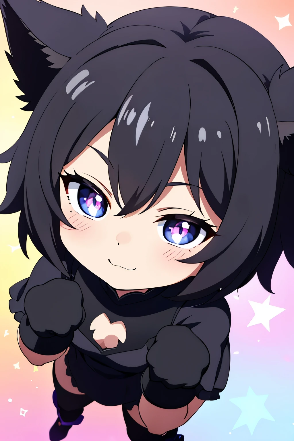 from above, face focus, best quality, masterpiece, chibi, cute black cat beast girl, shining star-shaped pupils, fist pump, happy expression, black short hair, pastel color background