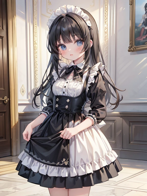 masterpiece, highest quality, Very detailed, 16k, Ultra-high resolution, Cowboy Shot, Detailed face, Perfect Fingers, 14-year-old girl, black eye, Black Hair, Long Hair, Black maid outfit, Dreamscape, Buckingham Palace in England, Standing in front of the palace