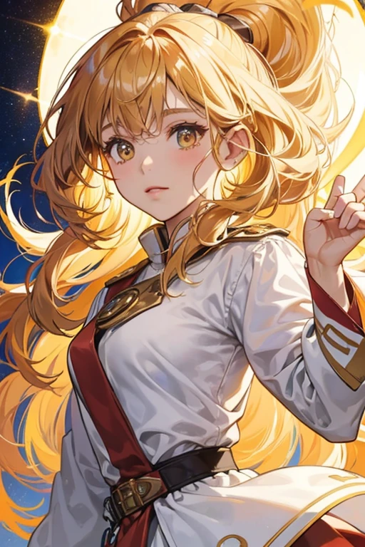 Boketchi has a short brown body that is shaped like an oval. SHe wears a long sleeve white shirt with a tag on it. SHe has yellow poofy hair . SPARKLE; GLITTER