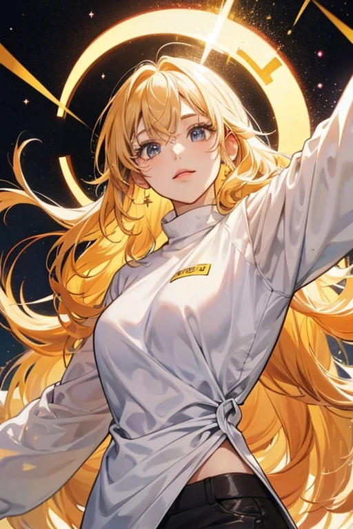 Boketchi has a short brown body that is shaped like an oval. SHe wears a long sleeve white shirt with a tag on it. SHe has yellow poofy hair . SPARKLE; GLITTER