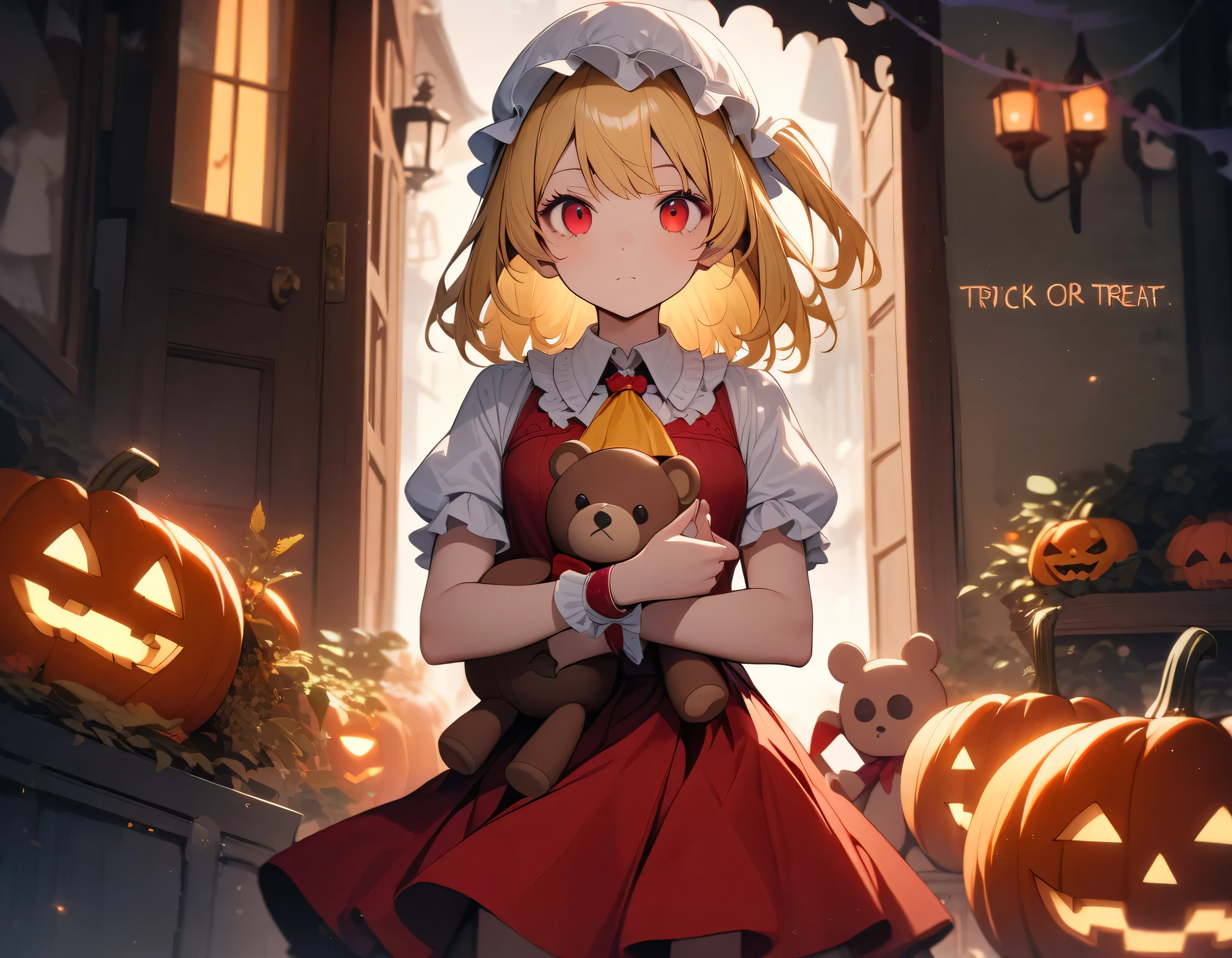 One girl, Flanders Scarlet, East, teddy bearをもっている, Holding stuffed toy, Mob Cap, alone, Blonde Hair, stuffed toy, red Best, wing, Animal stuffed toys, teddy bear, Red eyes, crystallization, Best, White Hat, Outdoor, Short sleeve, One side up, Holding, Puffy sleeves, skirt, shirt, Pointed Ears, red skirt, View Viewer, puffy Short sleeve, Ascot, yellow Ascot, Wrist cuff, white shirt, bow, Frills, red bow, collared shirt, ribbon, frilled shirt collar, red ribbon, Medium Hair Masterpiece, highest quality, so beautiful, Absurd, Halloween, pumpkin, Lots of pumpkins, Trick or Treat, Halloween