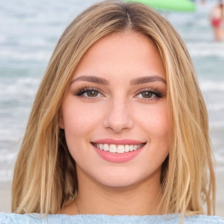 Full body photo of a 20 year old woman., chica blanca, ojos verdes, in red bikini walking on the beach on a beautiful day, hermosa cara