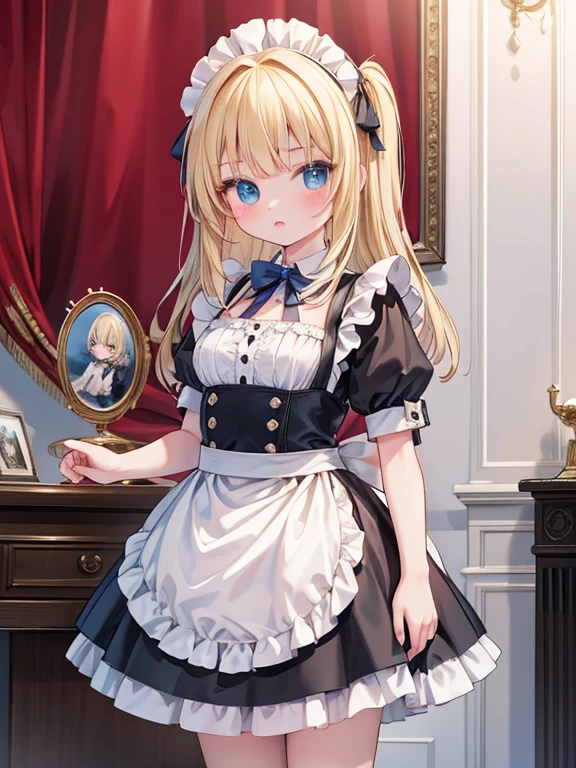 masterpiece, highest quality, Very detailed, 16k, Ultra-high resolution, Cowboy Shot, Detailed face, Perfect Fingers, 14-year-old girl, blue eyes, Blonde, Sauvage, Black maid outfit, Dreamscape, Buckingham Palace in England, Standing in front of the palace
