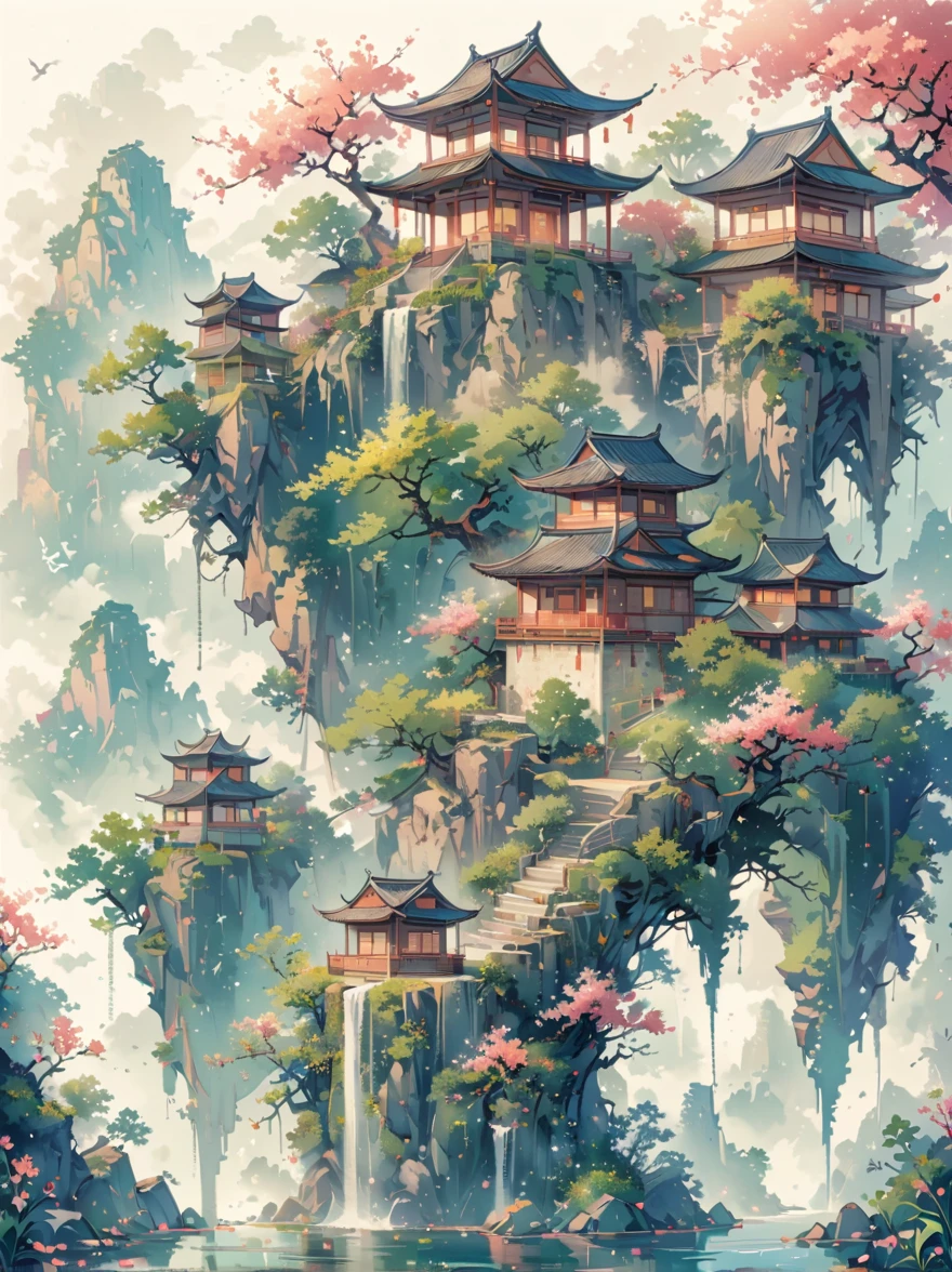 (Chinese Landscape), (abstract), (Zen, Amy Sol Style), ((spring, Green Trees, Peach Blossom, Creek, Chinese Architecture)), 轻度abstract的封面艺术, Simple vector art, Contemporary Chinese Art, Color gradient, Soft tones, Hierarchical form, Whimsical animation, 空灵abstract, anatomically correct, masterpiece, accurate, award winning, best quality, 8k