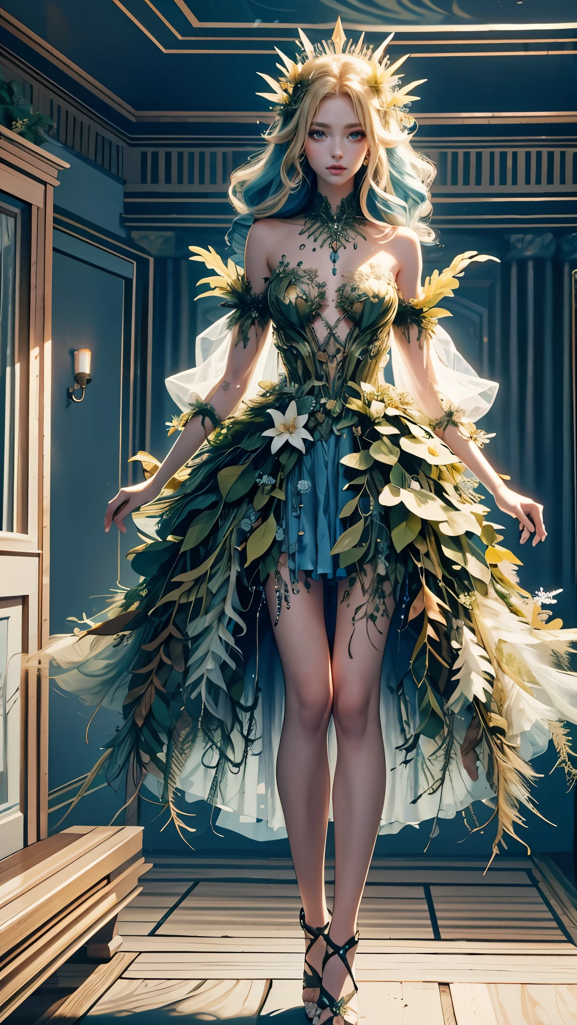 Best quality, masterpiece, ultra high res, raw photo, beautiful and aesthetic, deep shadow, fairy theme,(ultra detailed:1.3),
1girl, standing pose, headdress, drill hair, long hair, blonde hair, gradient hair, yellow eyes, solo, (saggy breasts, gigantic breasts:1.1), big hair, blue hair, divine goddess, looking at viewer, indoors, modern bedroom, room full of curtain, astraea, full body, NSRusalka