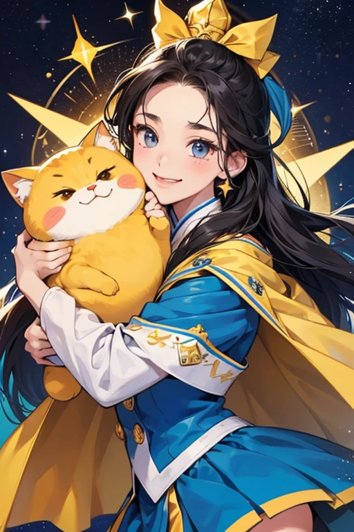Bokuhoshitchi has a star-shaped head with oval-shaped eyes, a curvy cat-like mouth, and a tuft of hair on hER forehead. HER skin is light-blue, and She wears a dark blue suit with a yellow star on the front, and a yellow cape with an orange stripe down the middle. When She is happy, his face turns gold. SPARKLE; GLITTER