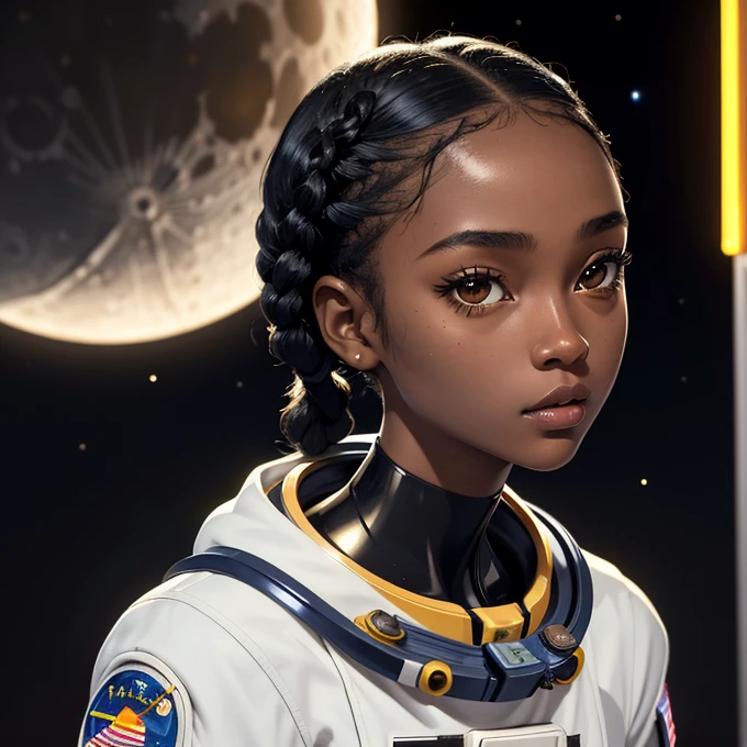 (masterpiece, best quality), deep ebony 1girl, beautiful face, freely short braids, moon background , cute, dressed with am astronaut suit , yellow and black suit pattern, beautify, Lofi vibe, , cute night vibe, looking to the stars, hands outside of the picture,