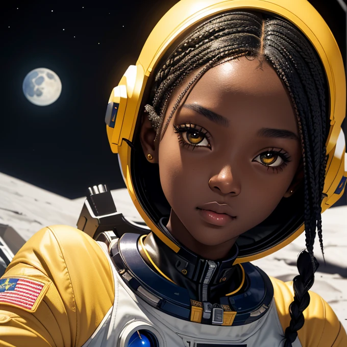(masterpiece, best quality), deep ebony 1girl, beautiful face, freely short braids, moon background , cute, dressed with am astronaut suit , yellow and black suit pattern, beautify, Lofi vibe, , cute night vibe, looking to the stars, hands outside of the picture,