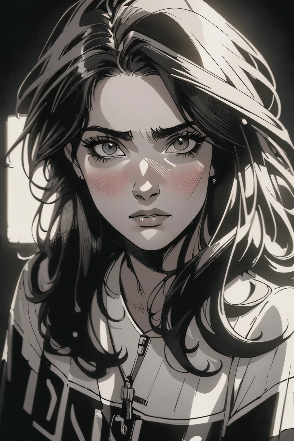 A girl in a mugshot, sketch, black and white, detailed features, cute, vintage style, high contrast lighting, expressive eyes, tousled hair. (best quality, highres, realistic:1.37), vintage, monochrome, intense gaze, dramatic lighting, rugged background, distressed paper texture, retro vibes, id photo, front view