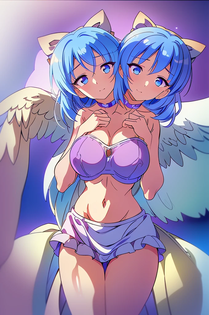 (masterpiece, best quality), best quality, (ultra-detailed), (3heads:1.5), 1girl, (mai:1.3), masterpiece, best quality, ultra quality, ultra resolution, ultra detail, light pink top, crop top, ((stomach)), midriff, ((groin)), light pink skirt, normal ears, shackles, blue hair, very long hair, wavy hair, pigtails, light-blue eyes, parted lips, detailed eyes, sweat, cute, toned belly, hand on own chest, eyelashes, (24 year old woman:1.3), (masterpiece:1.5), (best quality:1.5), (beautiful detailed), extremely detailed CG, extremely delicate and beautiful, depth of field, (finely detailed face), (perfect details:1.2), (mature female:1.3), wide pelvis, slender, large veiny breast, 16k resolution, highres, very high quality, very high definition, extremely detailed, masterpiece, blue hair, long hair, alluring presence, braid, short skirt, close up, big tits, young, light pink bow in her hair, small light pink wings, girl with three heads,