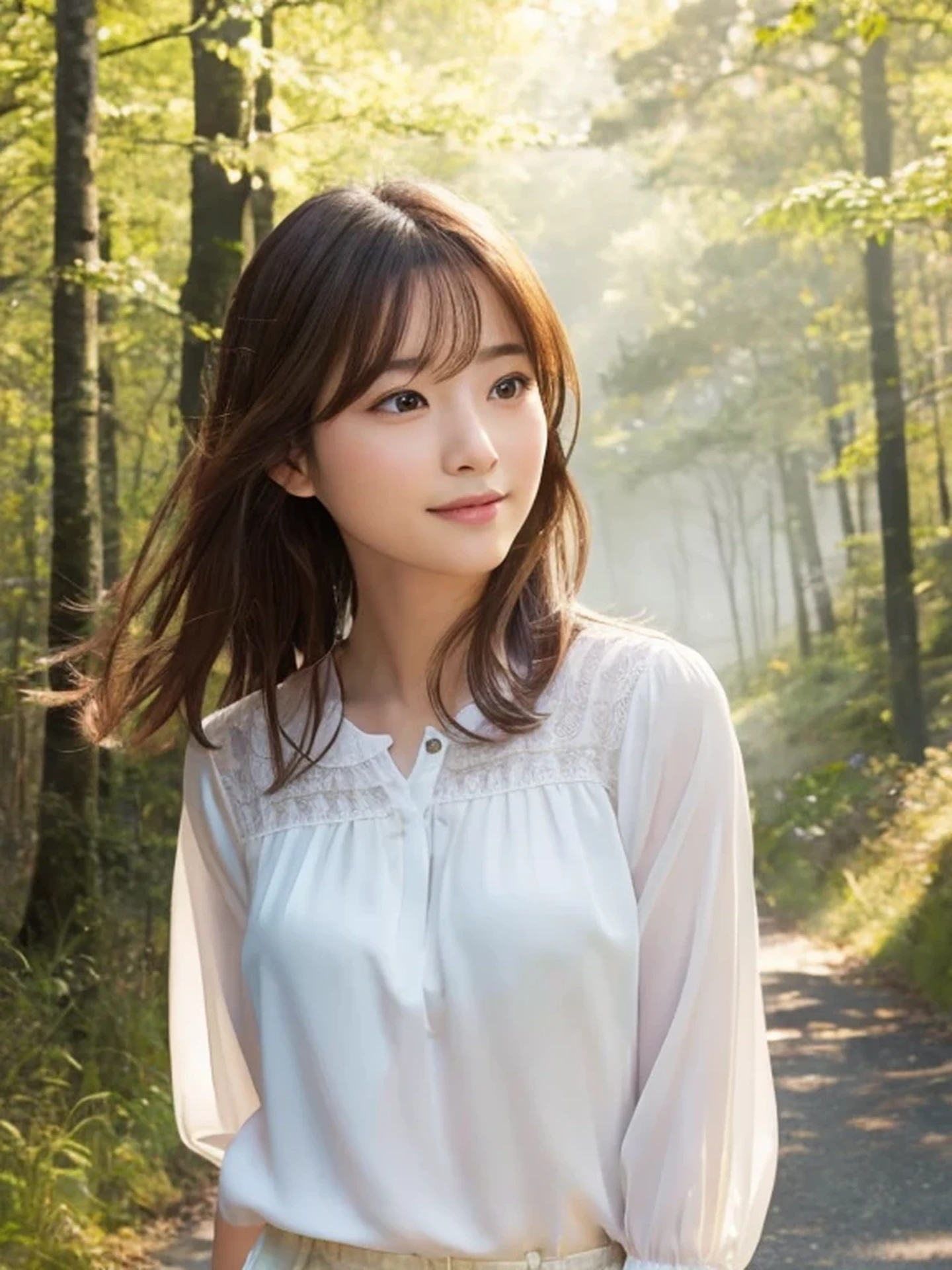 Beautiful Japanese girl, sad, open mouth to say something, shy, Soft skin and a nice perfect face, A small face with a nose and rosy lips, Beautiful Eyes, Beautiful smile. Surrounded by a bright, ethereal glow, medium hair, silk blouse, Hyperrealistic female photos, High quality high resolution 8K masterpiece, The morning sunlight shines through the misty forest path,