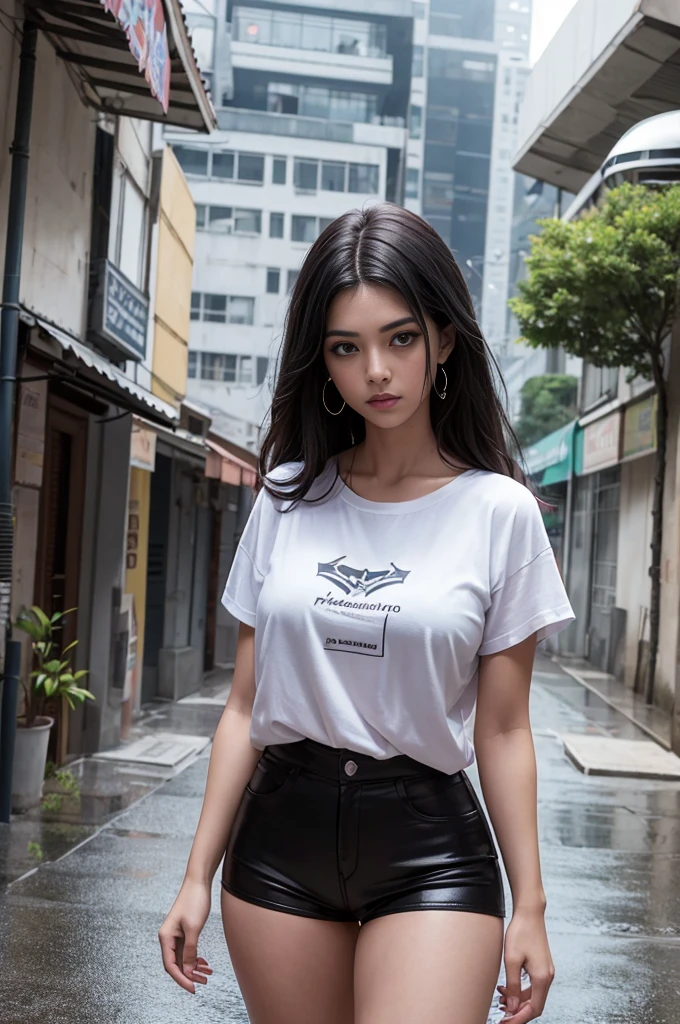 Mulher bonita com cabelo ondulado, olhos delicados e encantadores, entalhe da coxa, coxas grossas e sexy, cintura fina e marcada, tudo muito detalhada , camiseta em shorts pequenos, cyberpunk futurista bonito + cidade, mistborn, humid, chuva, obra-prima de melhor qualidade, realista, detalhado, 8k, HDR, profundidade de campo rasa, luz ampla, alto contraste, luz de fundo, flooding, flash, chromatic aberration, sharp focus, foto de cor RAW