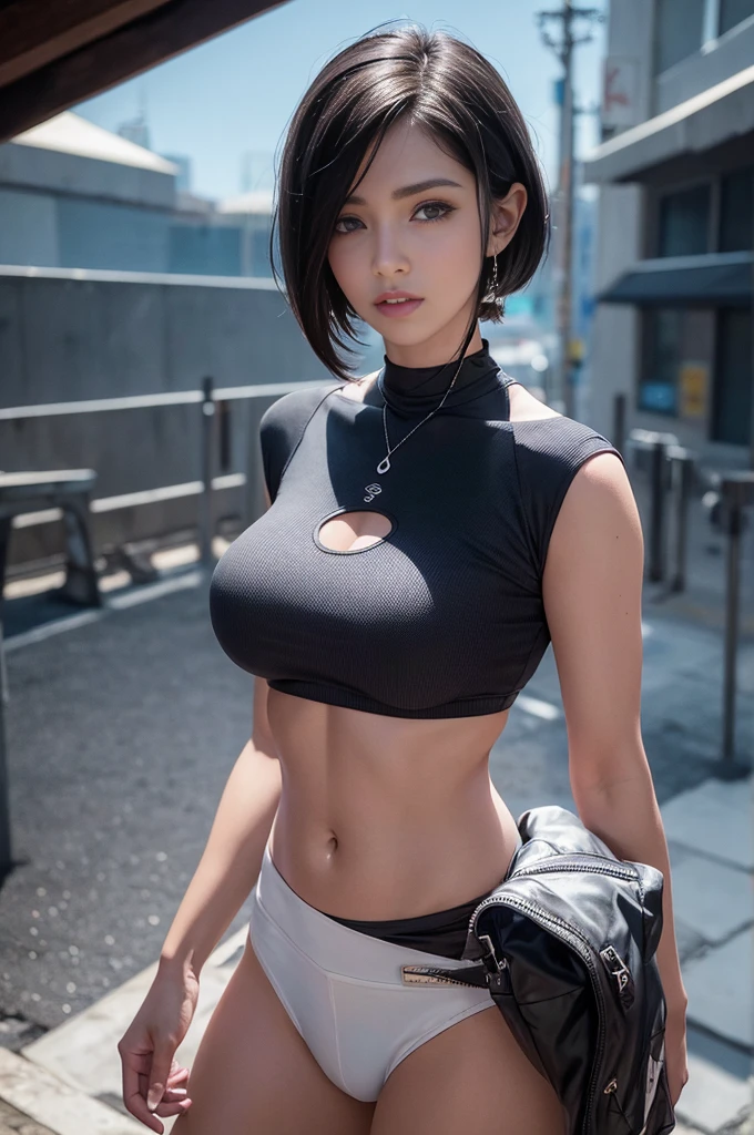 Mulher bonita com cabelo ondulado, olhos delicados e encantadores, entalhe da coxa, coxas grossas e sexy, cintura fina e marcada, tudo muito detalhada , camiseta em shorts pequenos, cyberpunk futurista bonito + cidade, mistborn, humid, chuva, obra-prima de melhor qualidade, realista, detalhado, 8k, HDR, profundidade de campo rasa, luz ampla, alto contraste, luz de fundo, flooding, flash, chromatic aberration, sharp focus, foto de cor RAW