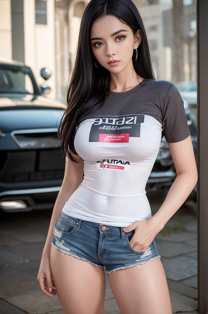 Mulher bonita com cabelo ondulado, olhos delicados e encantadores, entalhe da coxa, coxas grossas e sexy, cintura fina e marcada, tudo muito detalhada , camiseta em shorts pequenos, cyberpunk futurista bonito + cidade, mistborn, humid, chuva, obra-prima de melhor qualidade, realista, detalhado, 8k, HDR, profundidade de campo rasa, luz ampla, alto contraste, luz de fundo, flooding, flash, chromatic aberration, sharp focus, foto de cor RAW
