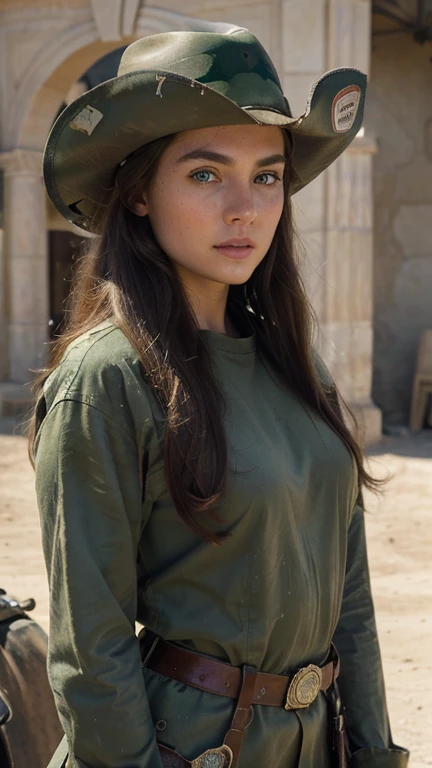 (masterpiece), (work of art), (amazing work), (detailed eyes), (delicate skin), (heterochromatic eyes), (multicolored), (long brown hair), (sparkling green eyes), (1girl) with cowboy hat, ancient detail background, fine, wearing full navy seal war clothes, desert war outfit, masterpiece, best quality, best desinger, best illustration, realistic, 4K, full body.