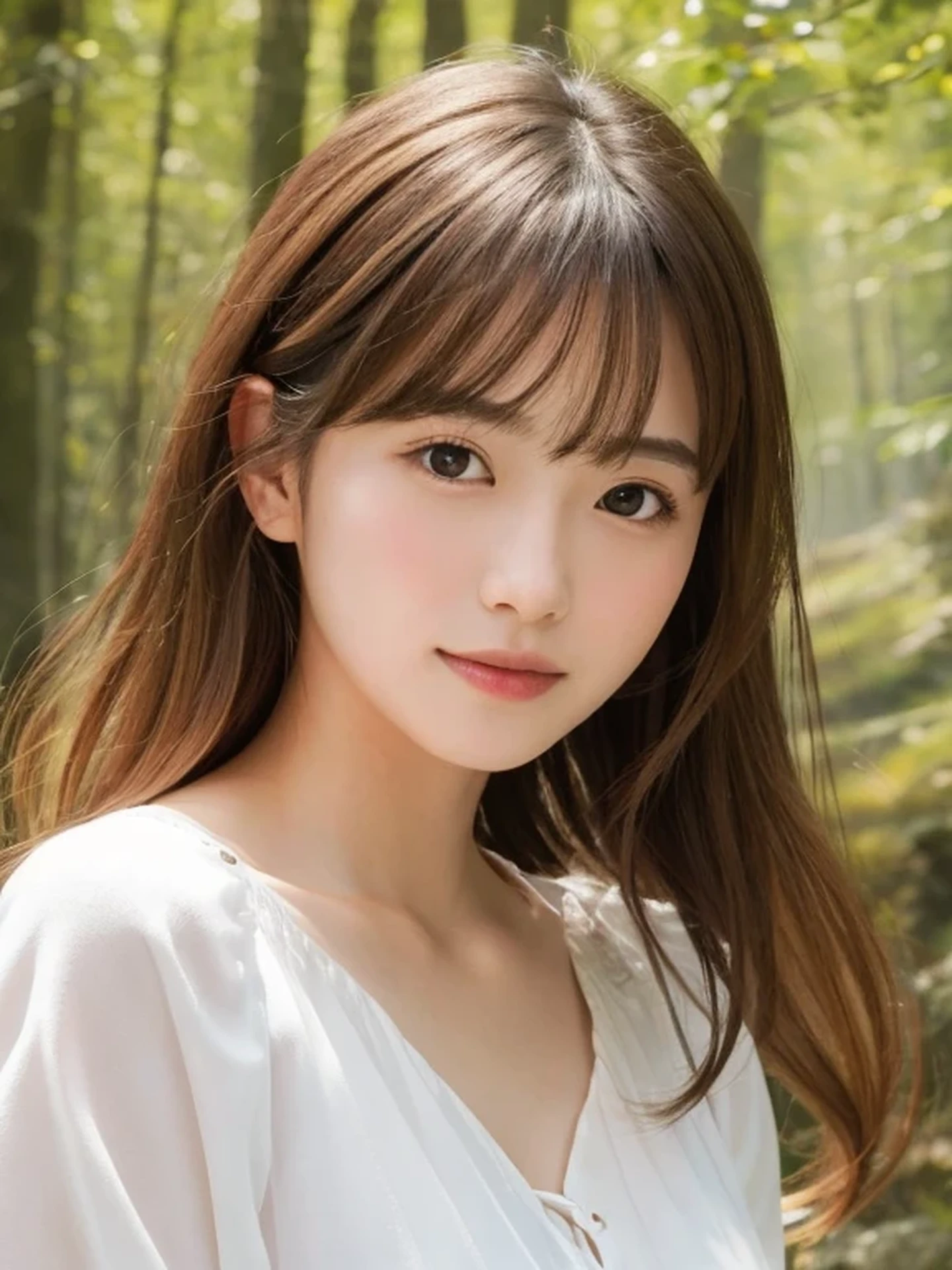 Beautiful Japanese girl, sad, open mouth to say something, shy, Soft skin and a nice perfect face, A small face with a nose and rosy lips, Beautiful Eyes, Beautiful smile. Surrounded by a bright, ethereal glow, medium hair, silk blouse, Hyperrealistic female photos, High quality high resolution 8K masterpiece, The morning sunlight shines through the misty forest path,
