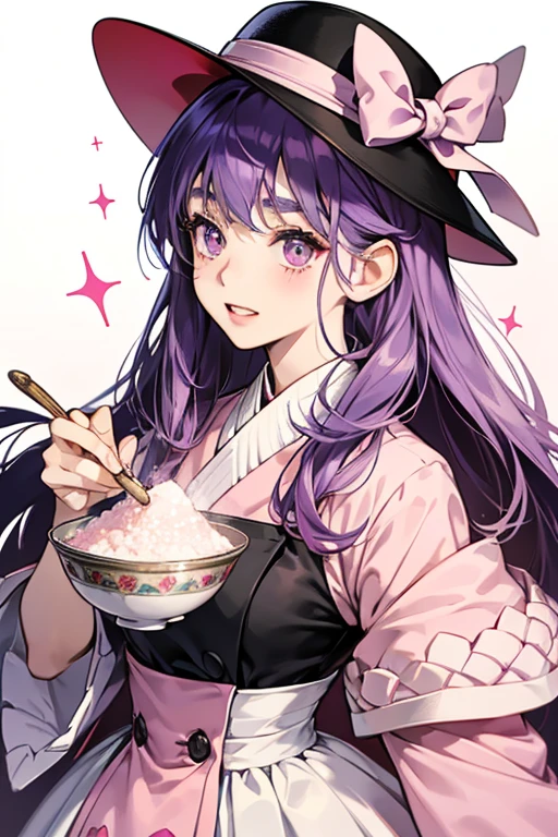 Bokutchi has a light pink face with round eyes, thick black eyebrows, and pink cheeks. SHe usually has hER teeth clenched. SHe wears a pale purple suit with a red ribbon. The top of hER head is pale purple as well, and it may be a hat or a bowl haircut. SPARKLE; GLITTER