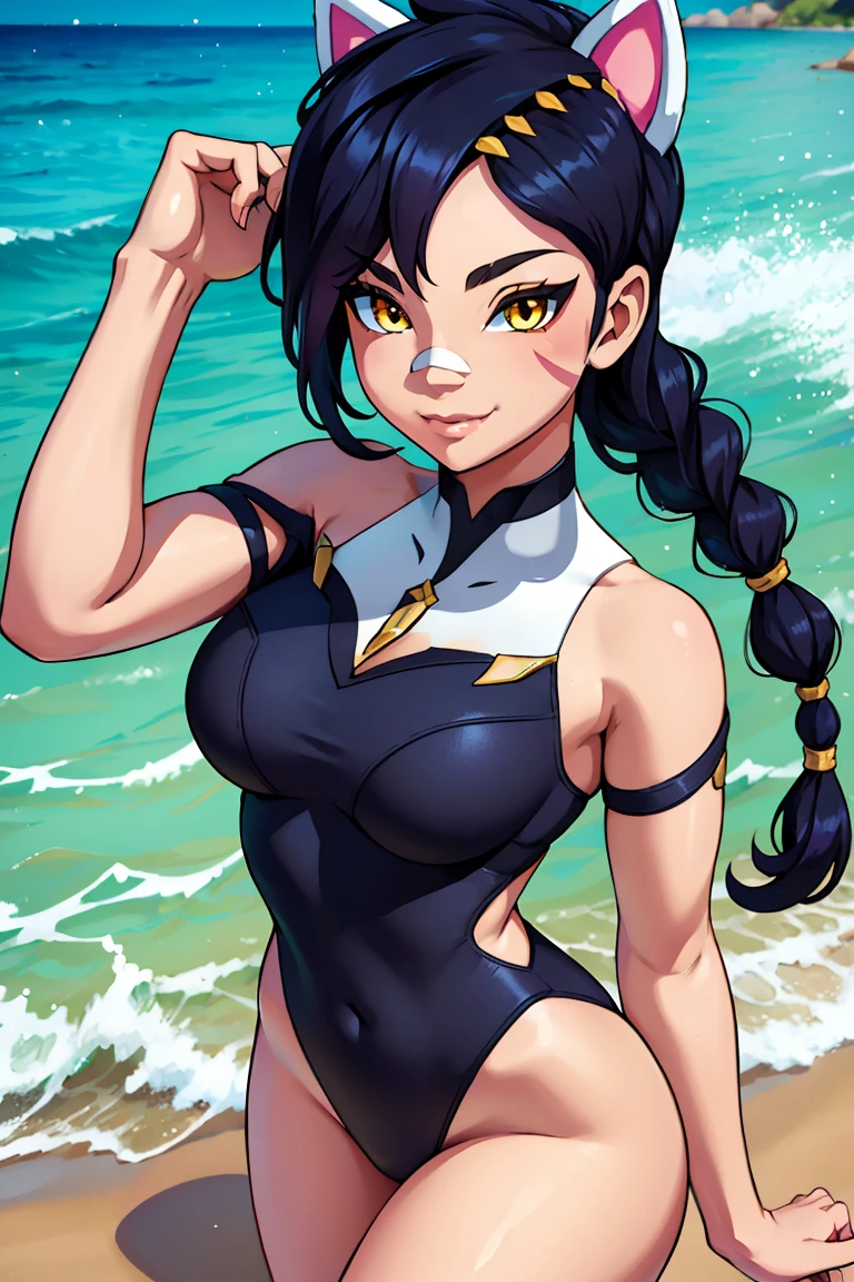 Erisa, 1girl, solo, long hair, looking at viewer, black hair, bandaid on face, yellow eyes, animal ears, smile, bandaid on nose, braid, cat ears, bandaid, bangs, , fake animal ears, simple background, fang, bare shoulders, scar, bare shoulders, closed mouth, hair over one eye, portrait, hair over shoulder, legs, seductive, bathing suit, 2 piece swimsuit, beach, realistic, highly detailed face, detailed eyes, best quality, masterpiece, ultra detail, ultra high res, extreme detail, 8k, uhd, voluptuous