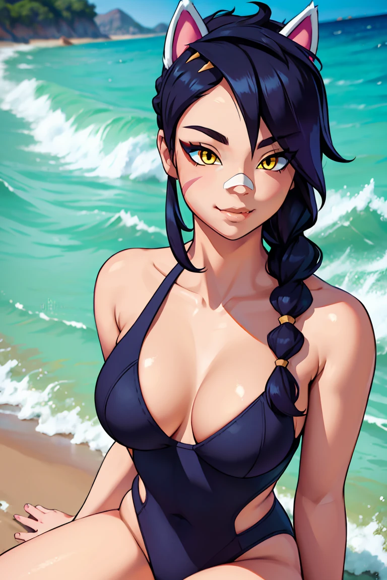 Erisa, 1girl, solo, long hair, looking at viewer, black hair, bandaid on face, yellow eyes, animal ears, smile, bandaid on nose, braid, cat ears, bandaid, bangs, breasts, fake animal ears, simple background, fang, bare shoulders, scar, bare shoulders, closed mouth, hair over one eye, portrait, hair over shoulder, legs, seductive, bathing suit, 2 piece swimsuit, beach, realistic, highly detailed face, detailed eyes, best quality, masterpiece, ultra detail, ultra high res, extreme detail, 8k, uhd, voluptuous