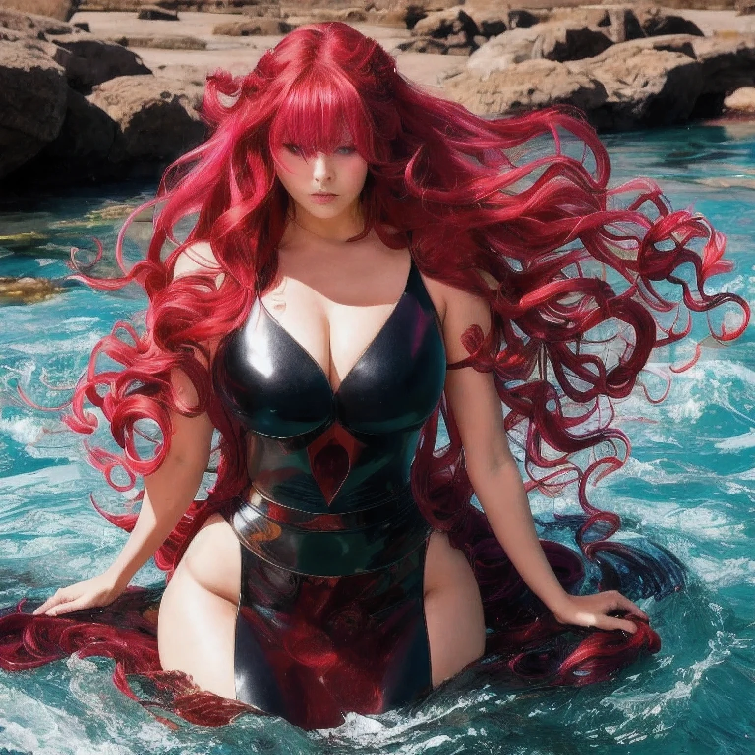 (abyss)
1girl
bangs
bare shoulders
breasts
cleavage
cleavage cutout
closed eyes
crescent
crescent facial mark
double bun
dress
facial mark
facing viewer
forehead mark
horns
long hair
medium breasts
parted bangs
partially submerged
pink hair
red hair
solo
very long hair
wading
water