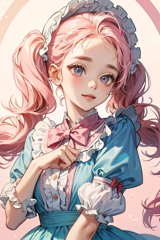 Bonnetchi has light pink skin, white arms, pink cheeks, and light pink hair tied into four curly pigtails with curly bangs across her forehead. Her eyes are oval-shaped with curved reflections and three small eyelashes each. She wears a blue dress with light blue rills along the bottom, a white apron with a pink flower on it, a red bow tie, and a red bonnet with white frills.
When happy, the frills on her bonnets become heart shaped. SPARKLE; GLITTER