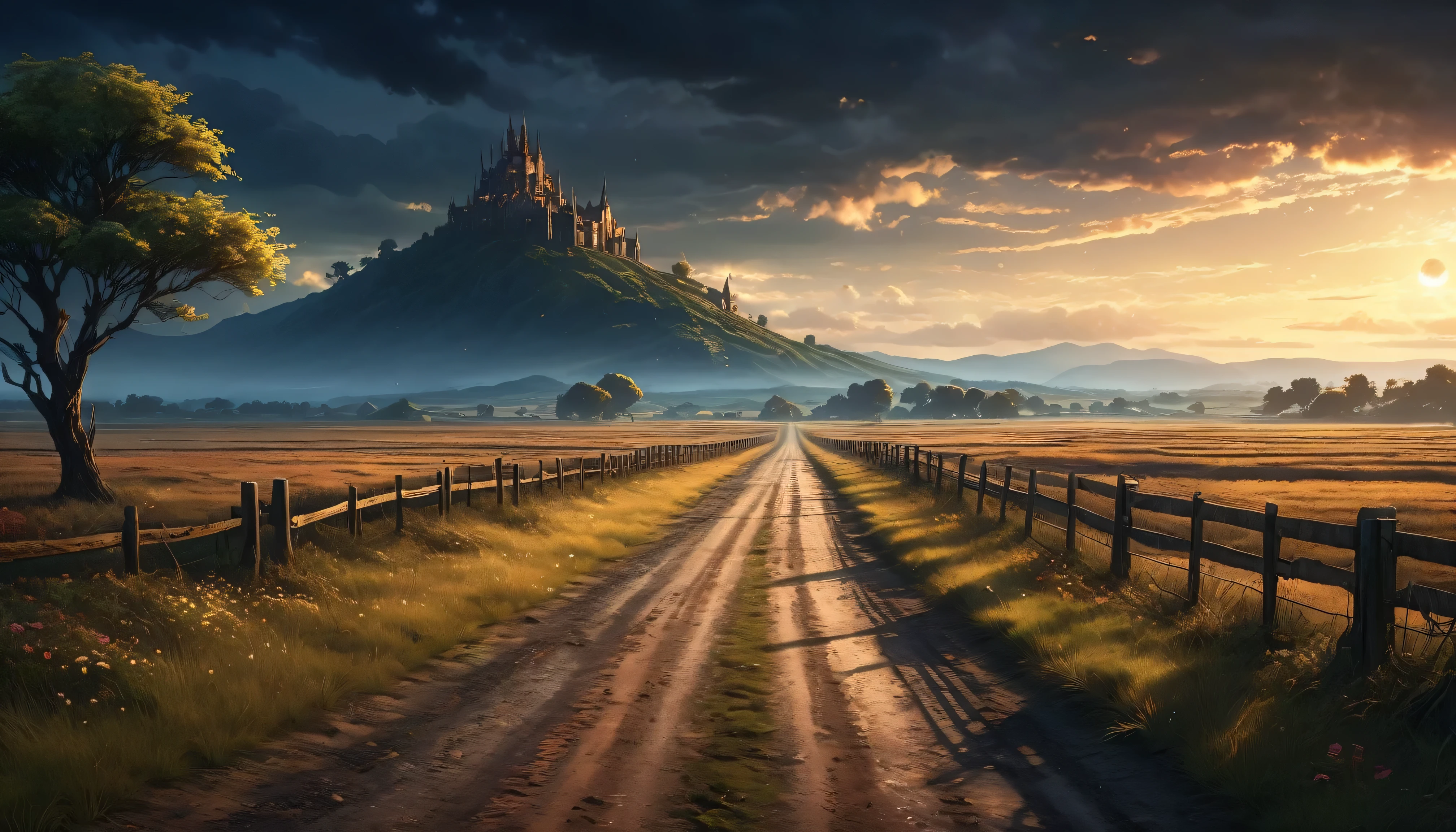 (anime, dark fantasy), (best quality, high resolution, depth of filed, HDR:1.2), (a lone road in the empty field, plain, bridge, dirt road, trading caravan, no trees), fantasy landscapes, (dark gloomy atmosphere). A mesmerizing fantasy with enchanting elements blending seamlessly, beautiful, extremely detailed, intricate, delicate, serene fantasy, bokeh, cinematic lighting, 8k, high quality