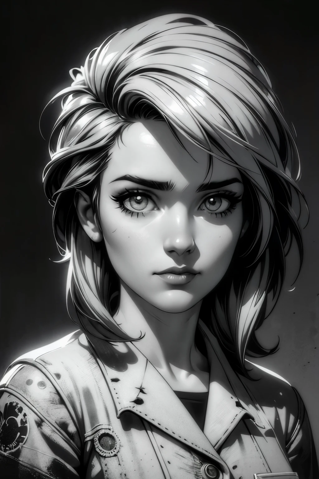 A girl in a mugshot, sketch, black and white, detailed features, cute, vintage style, high contrast lighting, expressive eyes, tousled hair. (best quality, highres, realistic:1.37), vintage, monochrome, intense gaze, dramatic lighting, rugged background, distressed paper texture, retro vibes, id photo, front view