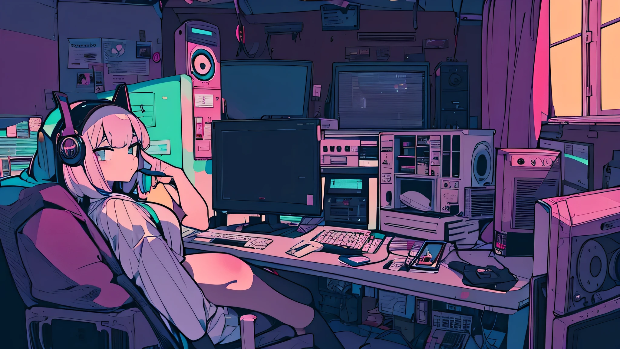 Best quality, (masterpiece:1.2), best detail face,1 girl, big breasts, 18 yo, 8k,absurdres,unity 8k wall paper,(extremely detailed:1.3), highest realistic, (retro headphones:1.1), (soft neon light:1.1), (floating hair:1.2), (psychedelic:1.2), Her room full of music equipment, Leaning back on the chair with a casual attitude, Light clothing in summer, See the whole room