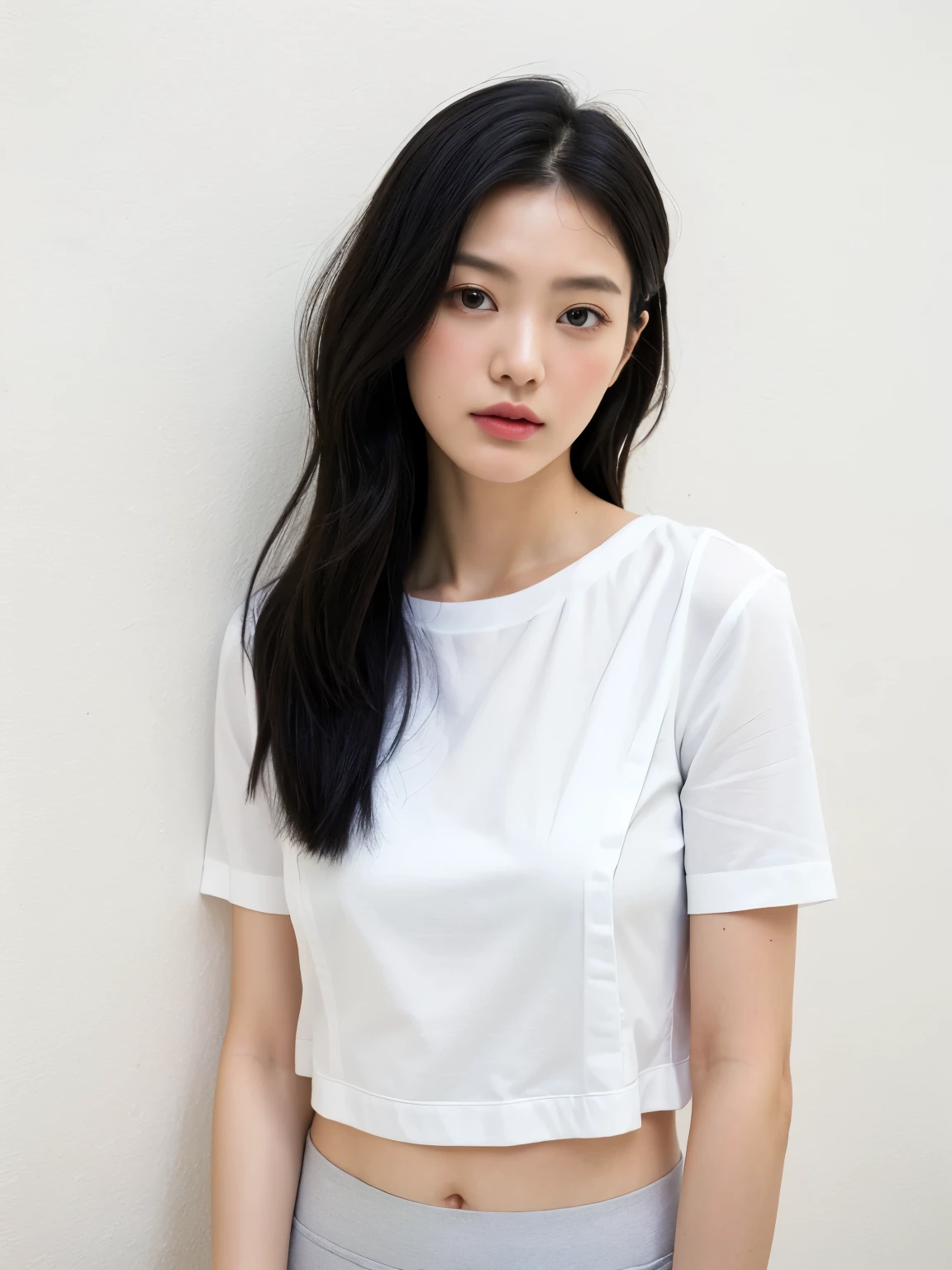 Stylish short sleeve tops、(White wall background、Layered Cut:1.4)、In front of a white door、Look down、ennui、(In a room with white walls and a window)、((highest quality、8k、masterpiece:1.3))、Ultra-high resolution、(photoGenuineistic:1.4)、RAW Photos、Japanese,(Detailed aspect)、Genuine、Photographed in natural light、Highly detailed face and skin texture、Highly detailed lips、The correct state of the human body、Medium Hair、Black Hair、Mr.々A pose、Natural color lip
