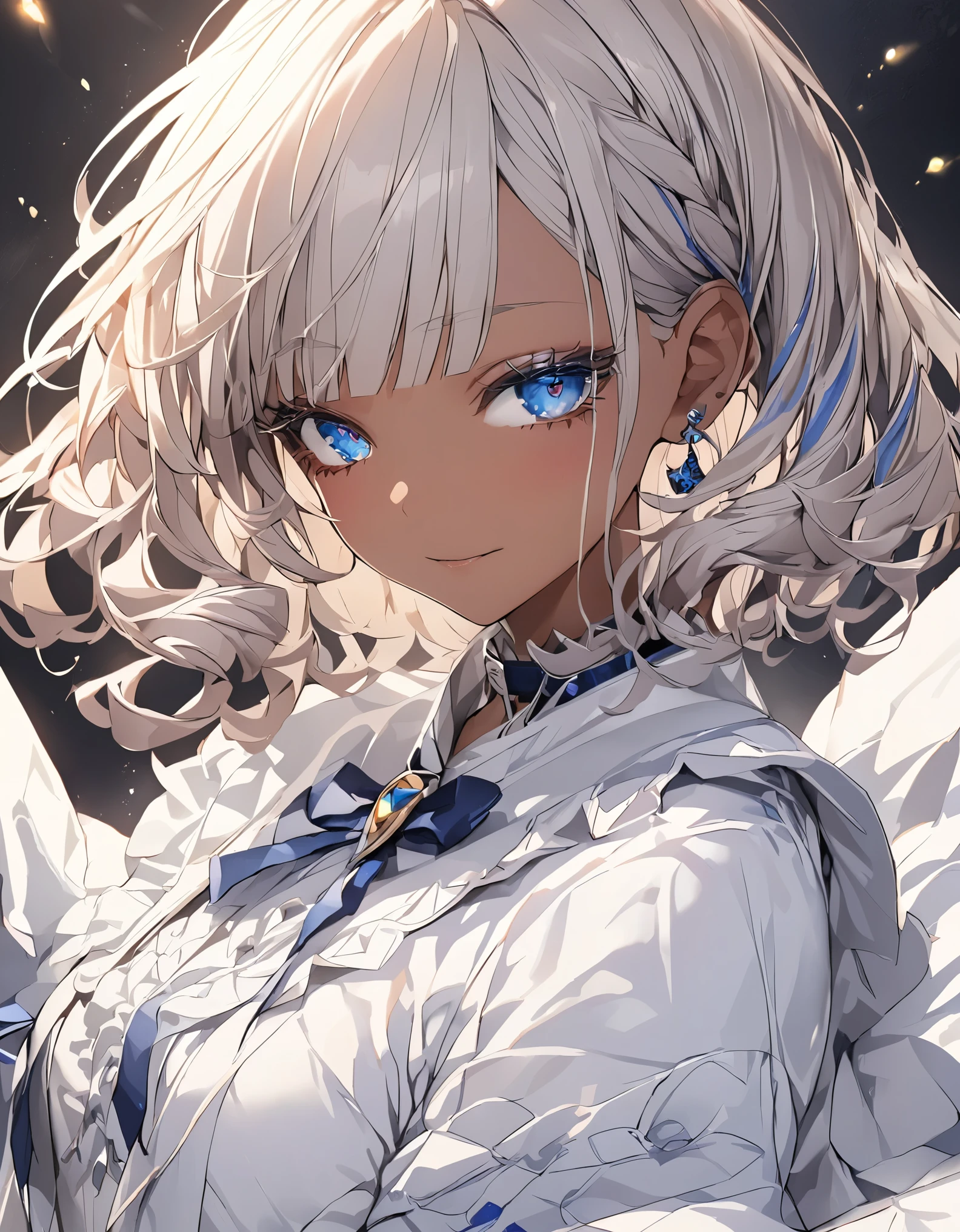 masterpiece, highest quality, Very detailed, High resolution, A girl in a magic , (Dark Skin:1.2), Silver Hair, (short hair:1.4), (Blunt bangs:1.3), Curly Hair, Wavy Hair, Drill Hair, (eyelash:1.3), (eye shadow:1.3), (Blue eyes:1.5), (Beautiful fine details:1.4), Eyes half closed, Height: 130cm, original character, Fantasy, (Black background:1.2), Beautiful fingers, Are standing, (lace spats:1.5), (Cashew:1.5) Side Shot