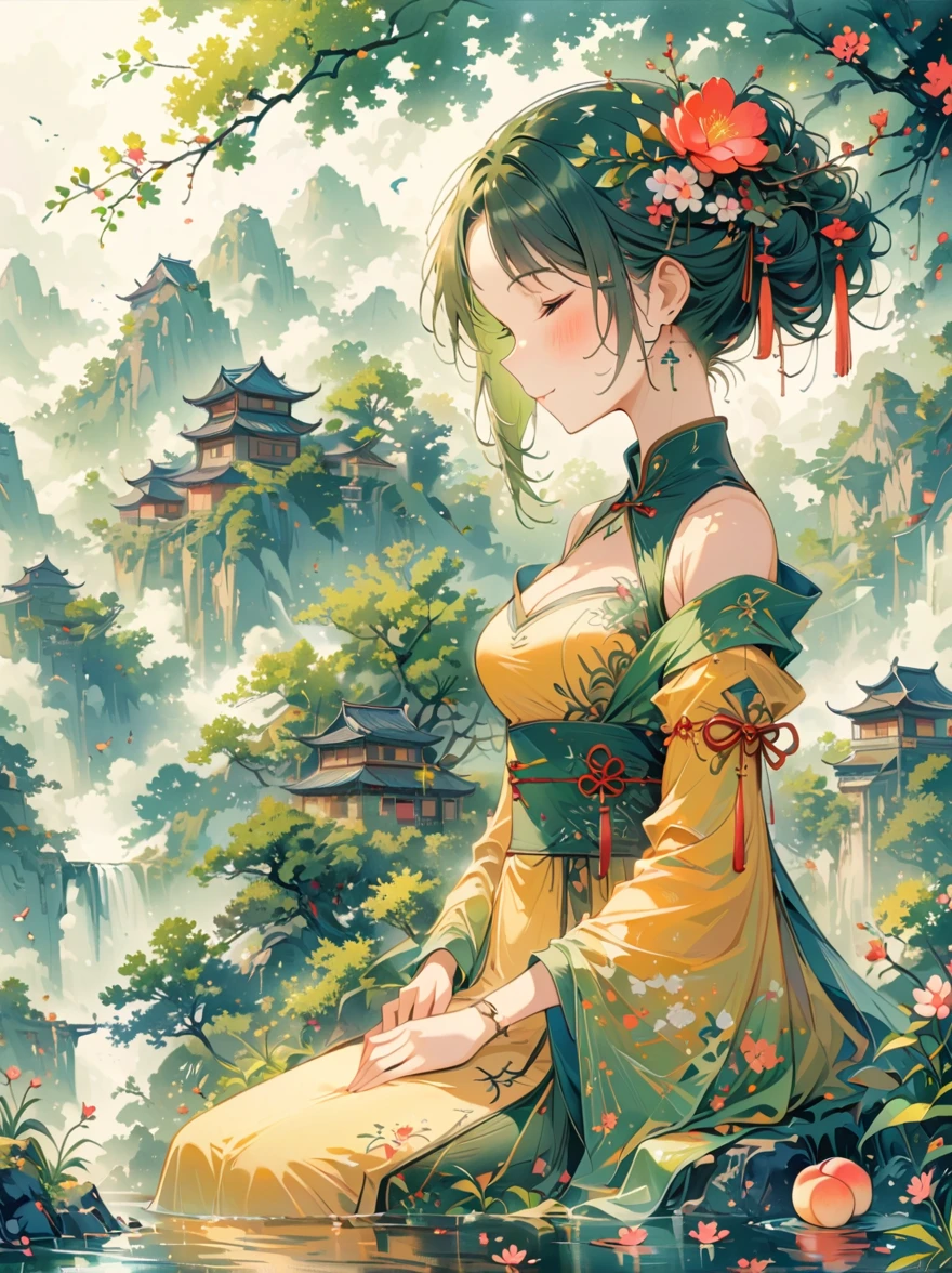 (Chinese Landscape), (abstract), (Zen, Amy Sol Style), ((spring, Green Trees, Peach Blossom, Creek, Chinese Architecture)), 轻度abstract的封面艺术, Simple vector art, Contemporary Chinese Art, Color gradient, Soft tones, Hierarchical form, Whimsical animation, 空灵abstract, anatomically correct, masterpiece, accurate, award winning, best quality, 8k
