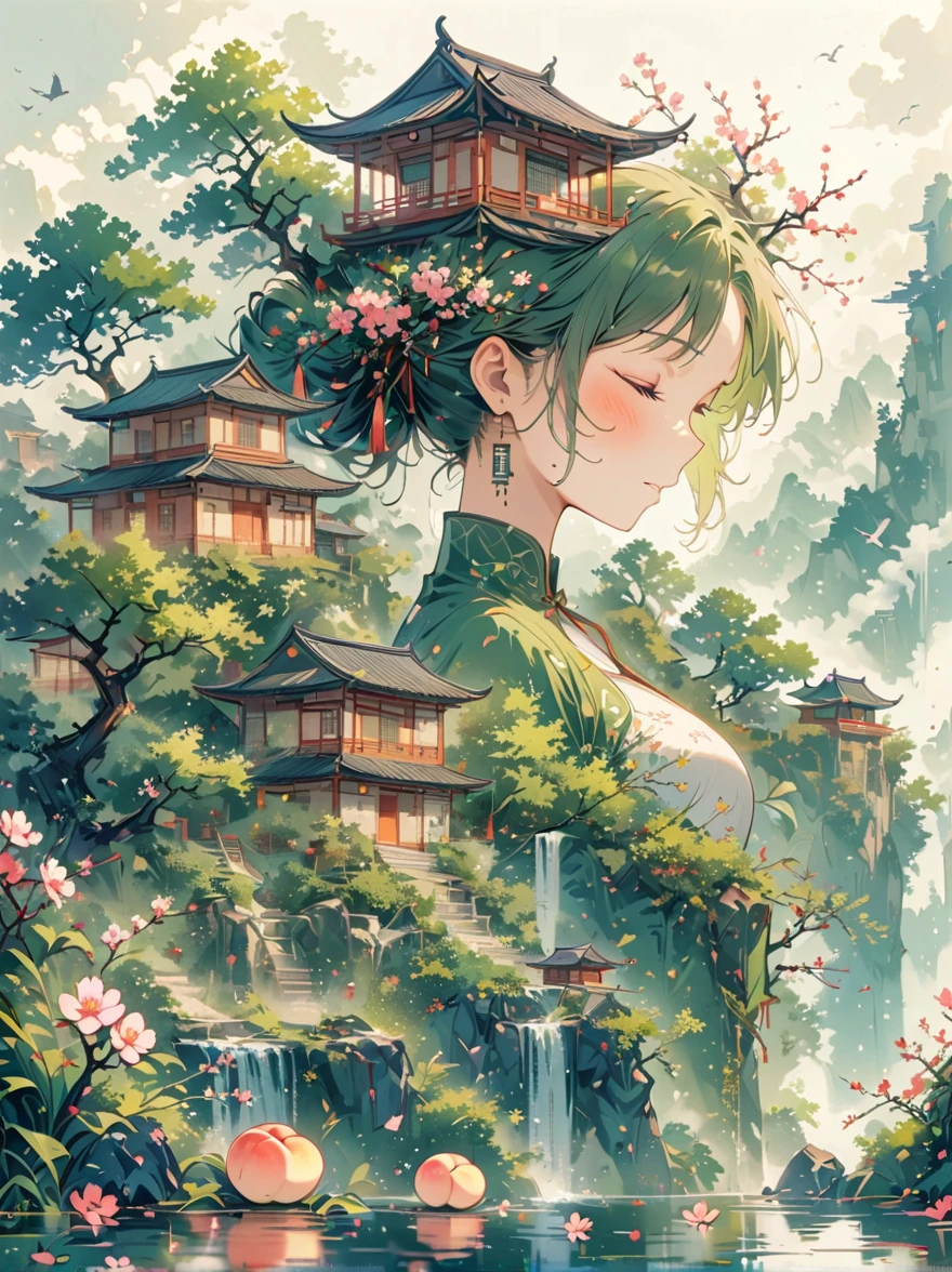 (Chinese Landscape), (abstract), (Zen, Amy Sol Style), ((spring, Green Trees, Peach Blossom, Creek, Chinese Architecture)), 轻度abstract的封面艺术, Simple vector art, Contemporary Chinese Art, Color gradient, Soft tones, Hierarchical form, Whimsical animation, 空灵abstract, anatomically correct, masterpiece, accurate, award winning, best quality, 8k
