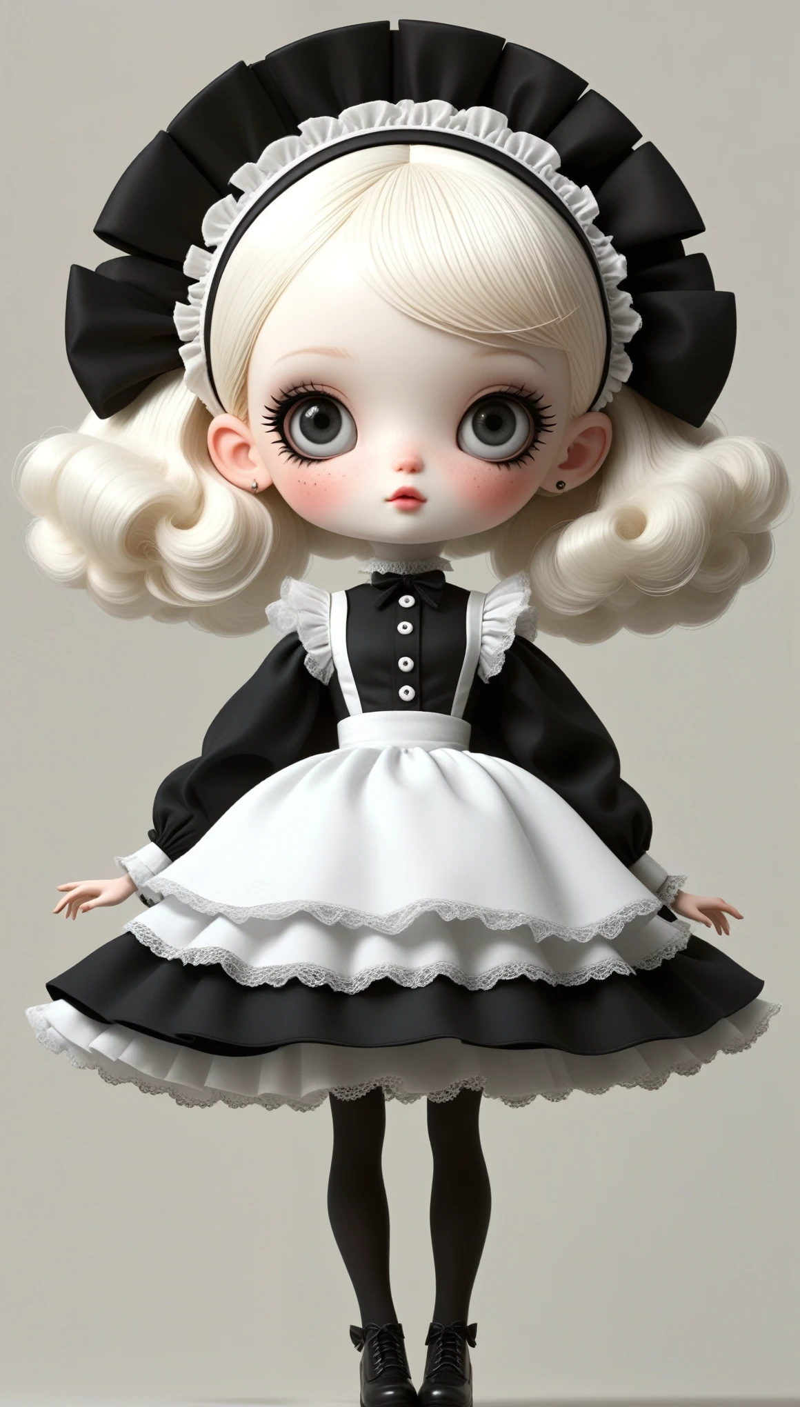 Micro Landscape：Real Barbie，Close up of a doll wearing a black and white dress, Ray Caesar (Ray Caesar) Inspired 3D rendering, Polycount competition winner, Gothic art, Maid costume, Gothic girl anime girl, Weird art style, Maid costume, Artwork in the style of Guweiz, , Witch Costume, dark and fear style, fear!! Very detailed