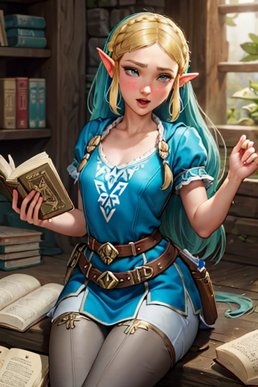 (((estilo Jean-Baptiste Monge:1.0))) lprincess zelda, 1 garota, artist request, cinto, cabelo loiro, camisa azul, livro, Botas, inexpressivo, corpo todo, olhos verdes, high resolution, olhando para o espectador, Magia, nintendo, pants, Orelhas pontudas, camisa, cabelo curto, fundo simples, Sozinho, A Lenda de Zelda, A Lenda de Zelda: sopro da natureza, A Lenda de Zelda: Tears of the Kingdom, flor feita de luz, Magia