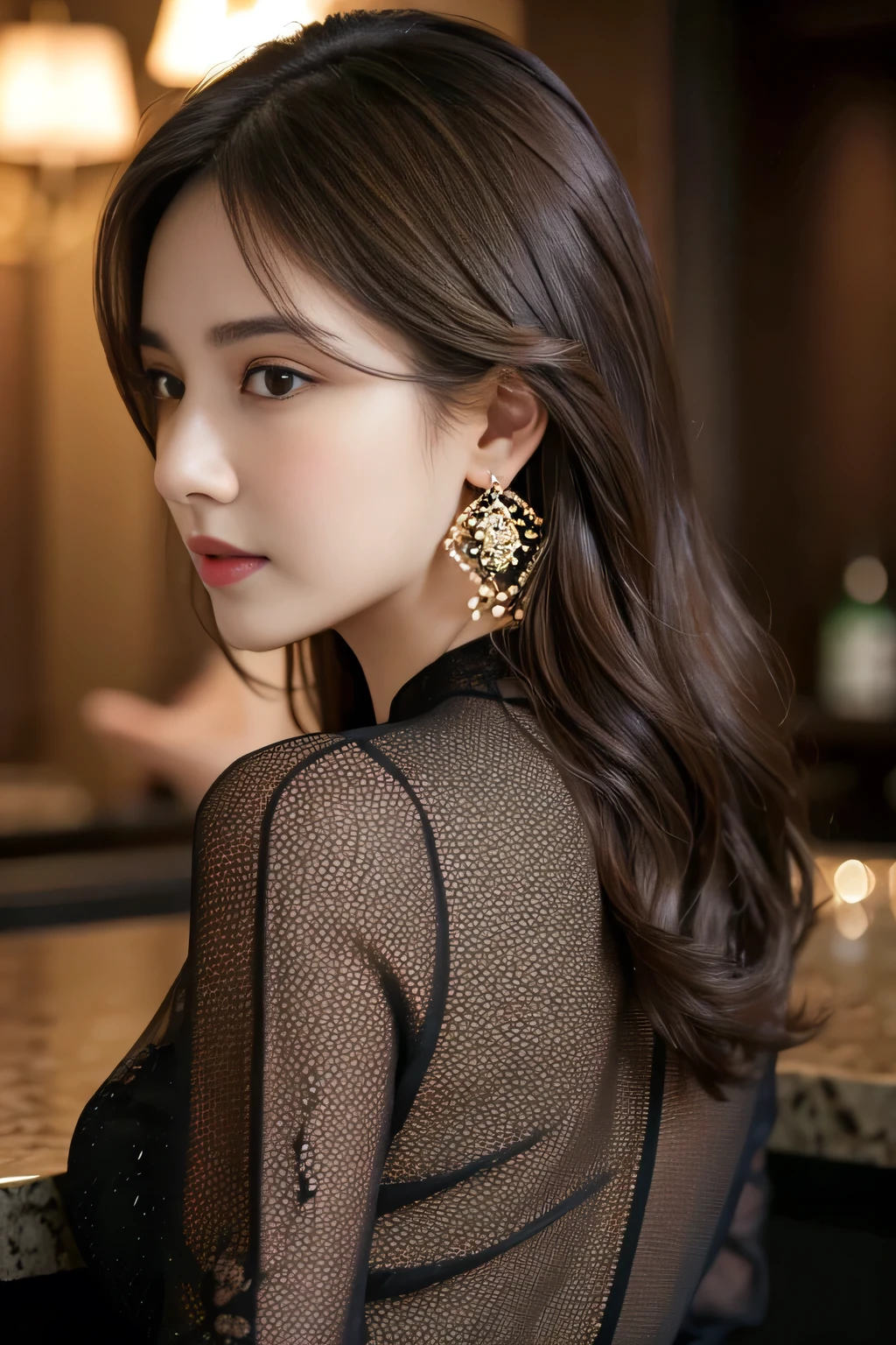 masterpiece, highest quality, Realistic, Very detailed, Finer details, High resolution, 8k wallpaper, One beautiful woman, Wear an elegant black see-through blouse, A great bar counter, At night, Light brown messy hair, Perfect dynamic composition, Beautiful and beautiful eyes、Big earrings、Back view