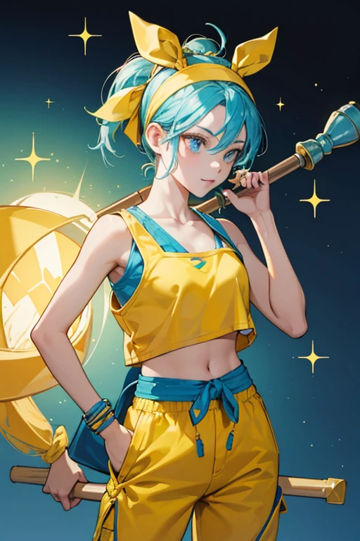 Bontentchi has a yellow body and wears a blue tank top with only one strap with matching blue pants. HER head has two yellow loops on both sides and She wears a headband with a tied bow on it. SHe often carries a hammer and lantern with him. SPARKLE; GLITTER