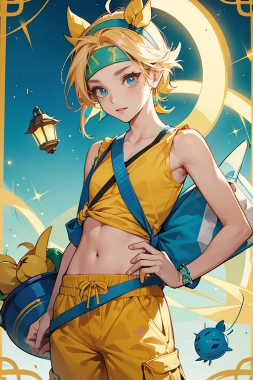 Bontentchi has a yellow body and wears a blue tank top with only one strap with matching blue pants. HER head has two yellow loops on both sides and She wears a headband with a tied bow on it. SHe often carries a hammer and lantern with him. SPARKLE; GLITTER