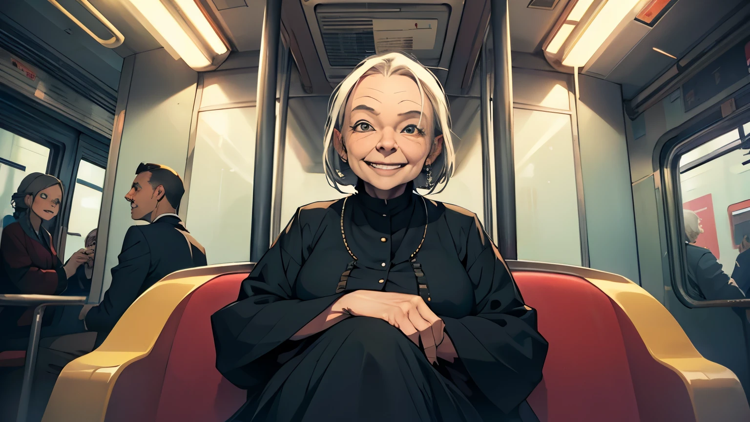 front view of an old lady sitting in a train. She is creepy, she is smiling, eyes wide open, uncanny valley, forehead