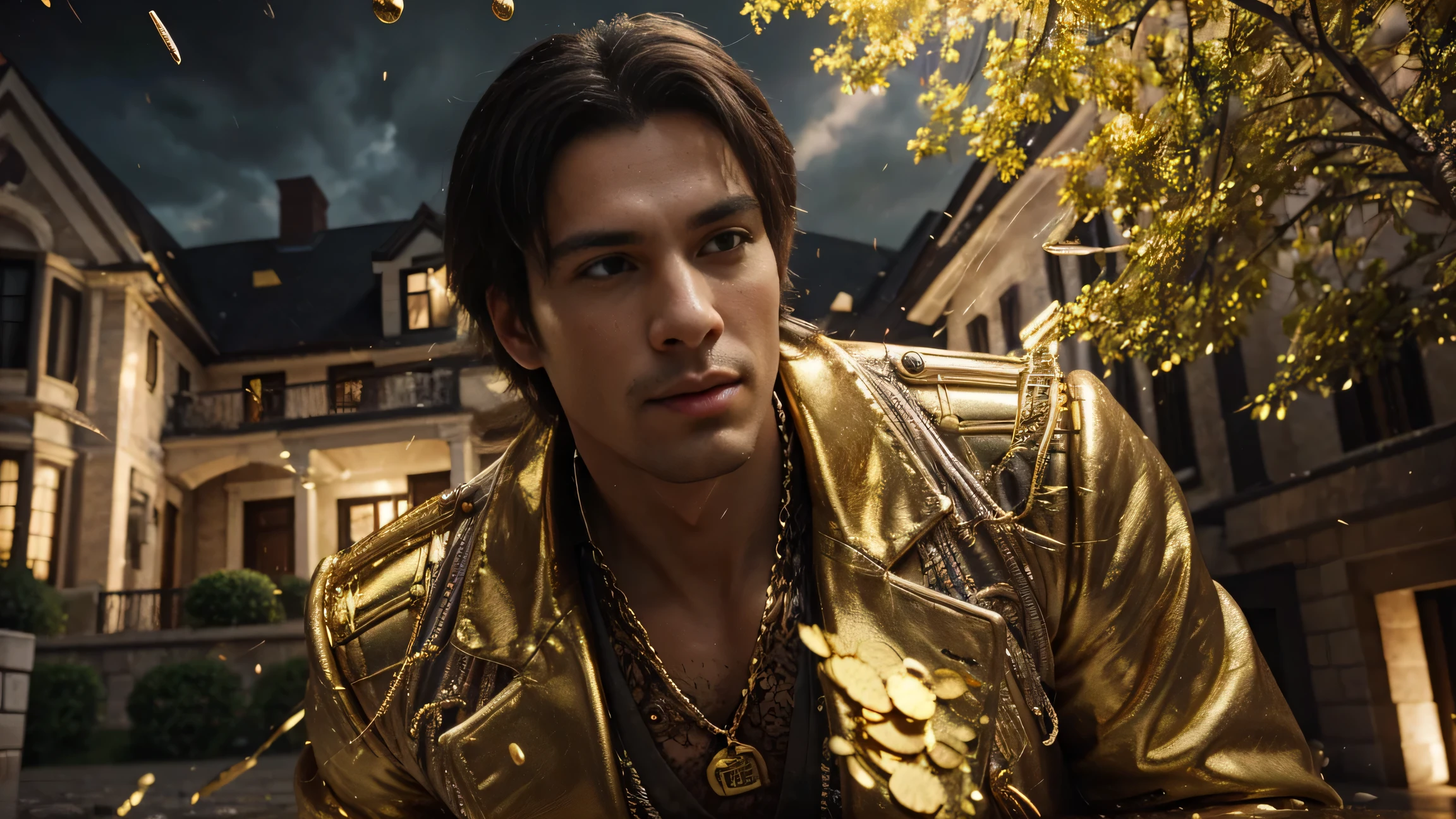 a man in front of a mansion full of gold coins falling from the sky, ultra detailed image, realism, 8k, hyper detailed skin, intense and vivid colors.
