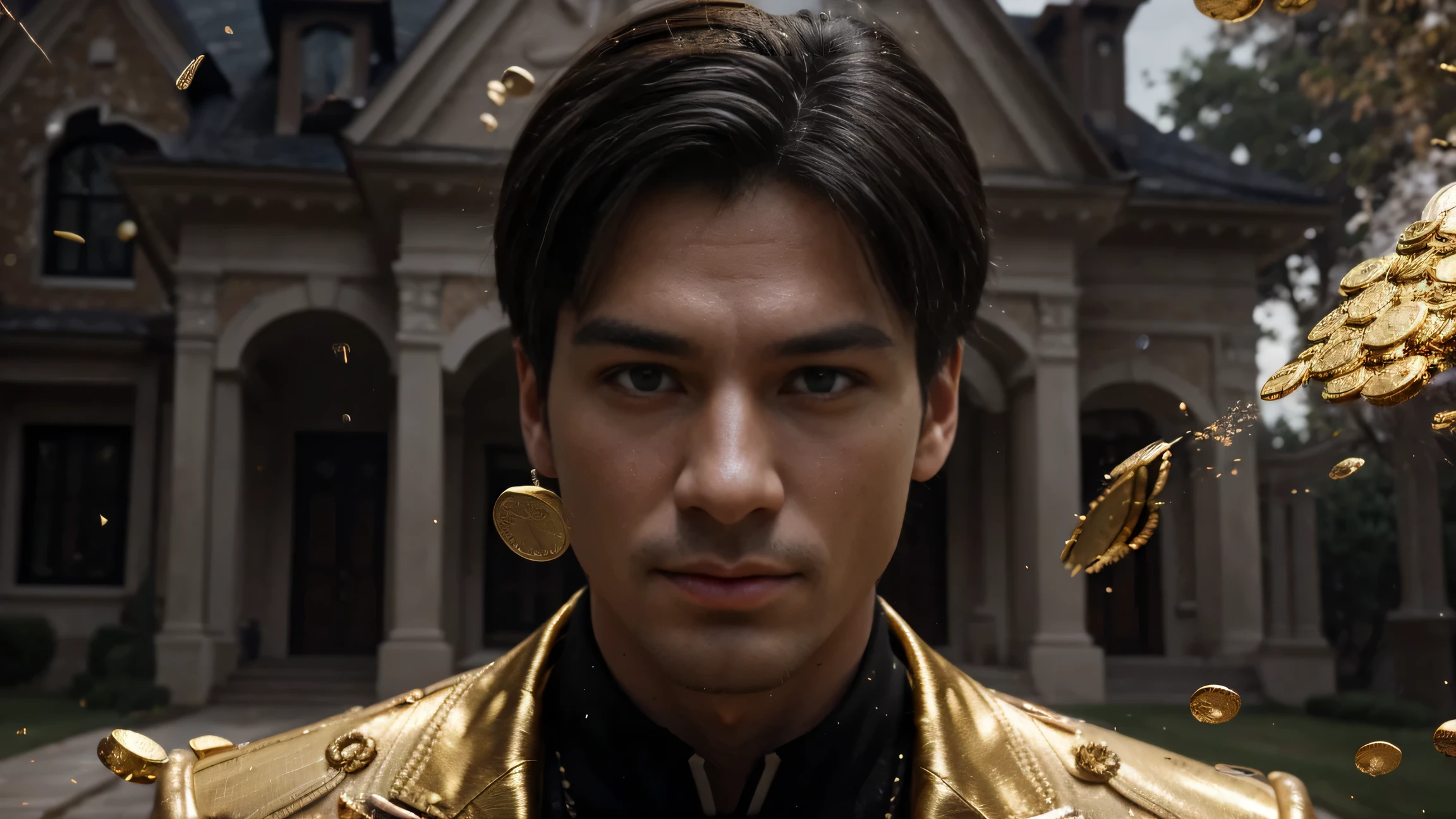 a man in front of a mansion full of gold coins falling from the sky, ultra detailed image, realism, 8k, hyper detailed skin, intense and vivid colors.
