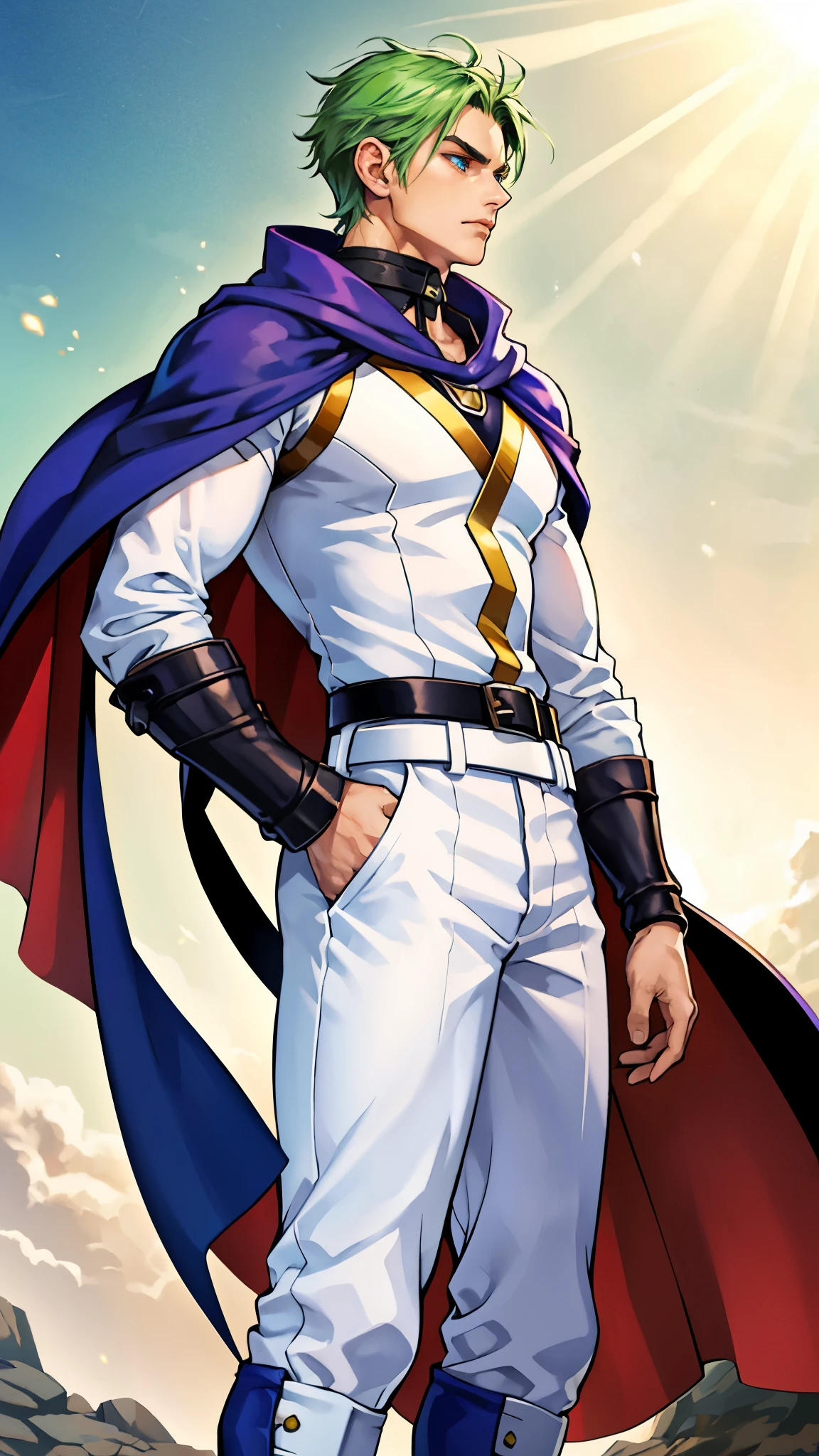 A young man with Greenish-blue spiky short hair, middle part bangs, a disdainful look, slender eyebrows, delicate features, a robust physique, a fantasy-style purple and white tight outfit, a black collar connected to a dark blue cape, a white belt attached to a red and white hem, sky-blue trousers, green flowing light surrounding him, standing on a long street at night, side view, this character embodies a finely crafted fantasy-style warrior in anime style, exquisite and mature manga art style, dramatic, high definition, best quality, highres, ultra-detailed, ultra-fine painting, extremely delicate, professional, perfect body proportions, golden ratio, anatomically correct, symmetrical face, extremely detailed eyes and face, high quality eyes, creativity, RAW photo, UHD, 32k, Natural light, cinematic lighting, masterpiece-anatomy-perfect, masterpiece:1.5