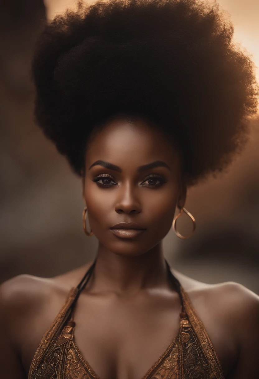 the image shows a african woman with long dark hair and striking brown eyes. She has a fair complexion and is wearing what appears to be a black top or dress that reveals her shoulders and cleavage. Her expression is neutral, and she is looking directly at the camera. The background of the image is plain and does not provide any additional context.